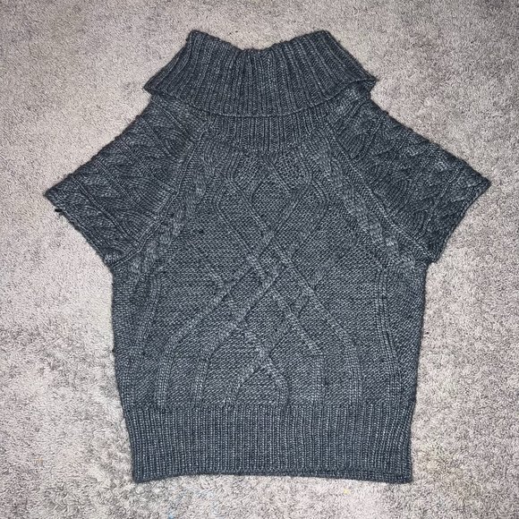 LOFT Women's Gray Medium Short Sleeve Chunky Cable Knit Wool Turtleneck Sweater - Picture 1 of 6